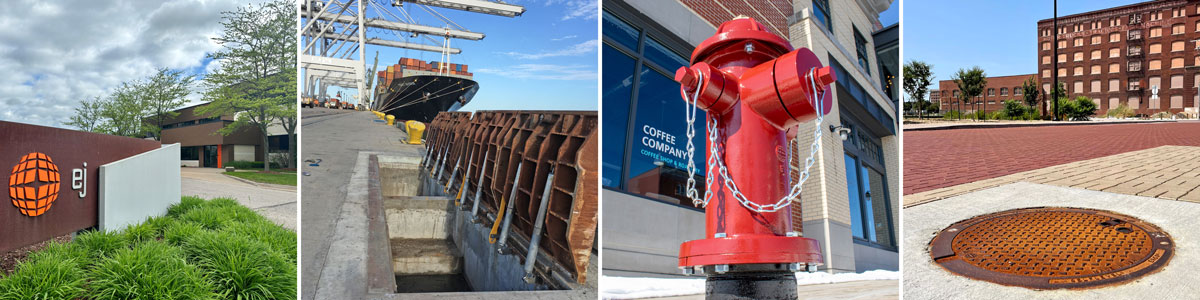 Historical photos EJ Corporate Office, hinged hatches, fire hydrant, and ERGO SELFLEVEL access assembly