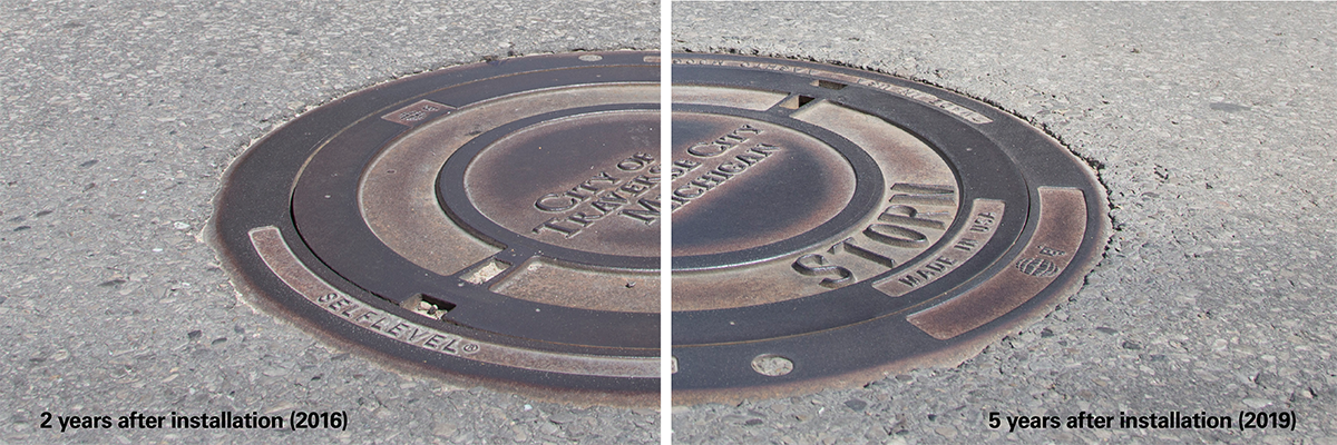 SELFLEVEL manhole frame and cover side-by-side comparison from 2016 and 2019 in roadway