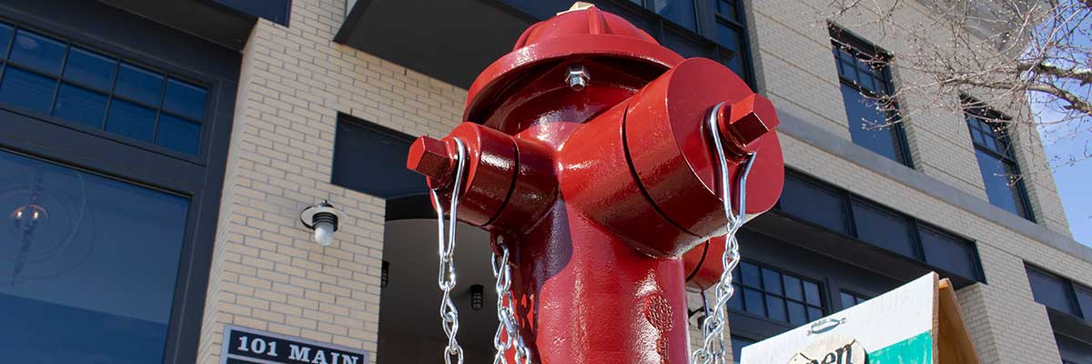 Red WaterMaster 5CD350 fire hydrant assembly outside of storefront