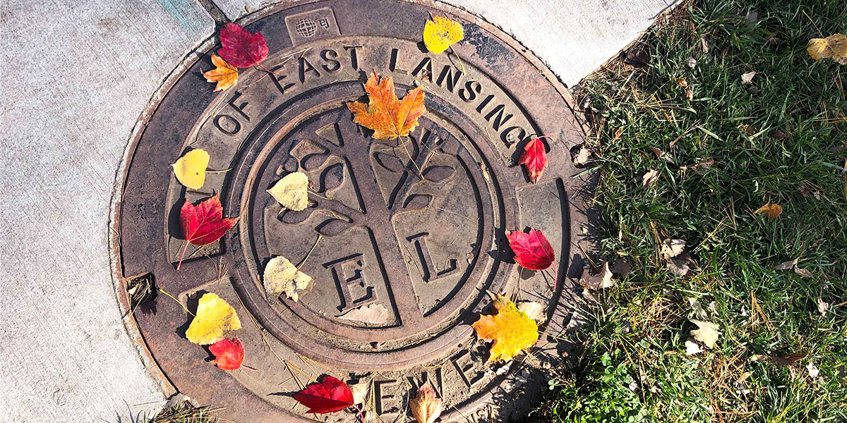 EJ cast iron logo cover City of East Lansing tree and leaves